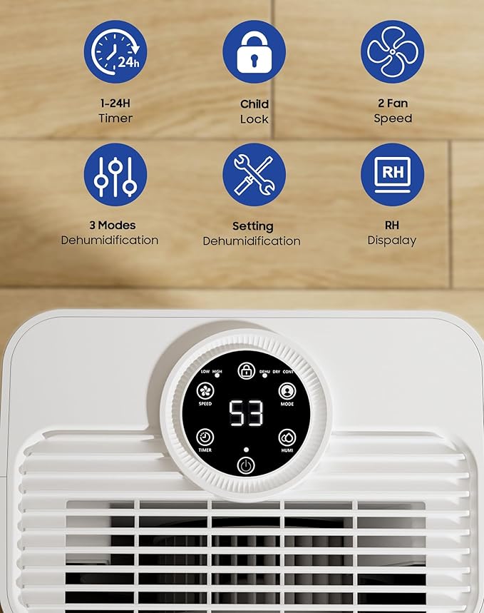 1600 Sq.ft Dehumidifier for Home, 21 Pints Dehumidifier for Basement with Drain Hose, Quiet Dehumidifiers Smart Humidity Control, 24H Timer, 3 Modes, Portable for Bedroom,Bathroom - Image 3