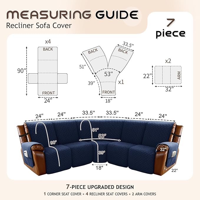 Arfntevss Waterproof Recliner Sectional Couch Covers for Reclining Sectional L Shape Sofa Cover Non Slip Washable Recliner L Shaped Slipcover Sets for Dog Furniture Protector (5 Seater, Navy Blue) - Image 5