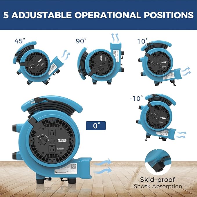 ALORAIR 1000 CFM Air Mover Blower Fan，Utility Fan with 3 Speeds, 5 Adjustable Angles and Daisy Chain - Ideal for Water Damage Restoration and Plumbing - GE1000A - Image 5