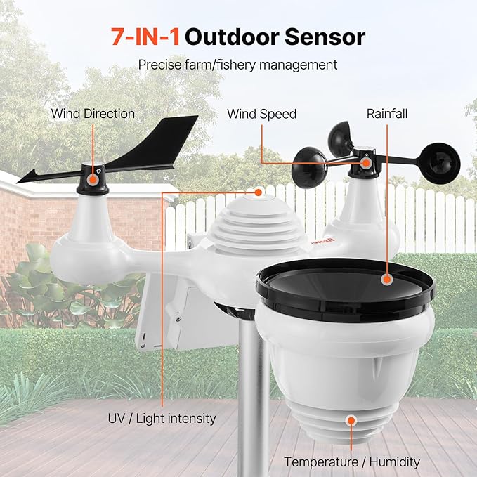 VEVOR 7-in-1 Wi-Fi Solar Self-Charging Weather Station with 7" TFT Color Display, Solar-Powered Outdoor Sensor, Indoor&Outdoor Monitoring for Temperature, Humidity, Wind Speed/Direction and Rainfall - Image 2