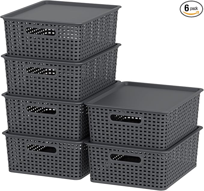 13 Quart Plastic Storage Baskets with Lid, Weave Organizing Bins, Gray, 6 Packs by Taysisiter