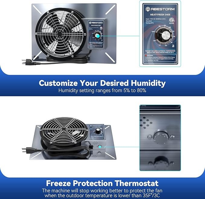 Abestorm 540CFM Crawlspace Ventilation Fans IP-55 Grade Basements Vent Fan 8.7 inches Ventilator Fan with Freeze Protection Thermostat Dehumidistat for Crawl Space Basement Attic Garage, Exhaust - Image 5