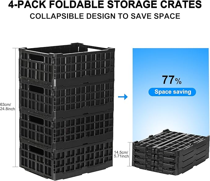 4-Pack Heavy Duty Stackable Storage Crates Plastic Collapsible Milk Crate Garage Organizing Bins Storage Containers for Home Office Moving Supplies, Black - Image 6