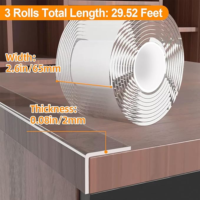 3 Pack Clear Edge Protector Strip,2.56 in x 9.84 FT,Sharp Edge Wrap Cover Tape,Self Adhesive Protective Bumper Guards for Cabinet Door Desk Glass Table Bed Furniture,Kitchen Countertop - Image 2