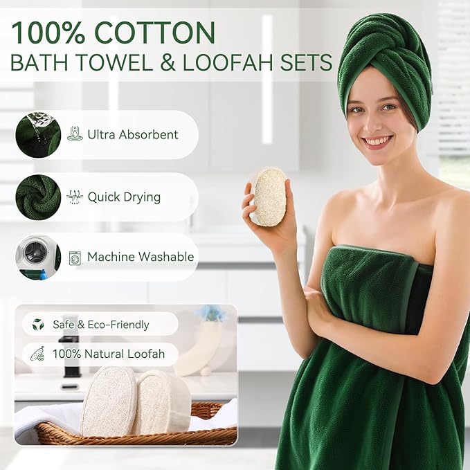 Green Bathroom Set, Dark Green Bathroom Accessories Set with Shower Curtain and Rugs, Bath Towel Sets, Natural Loofah Sponge, Soap Dispenser, Toothbrush Holder, Bathroom Tumbler and Tray for Bathroom - Image 5