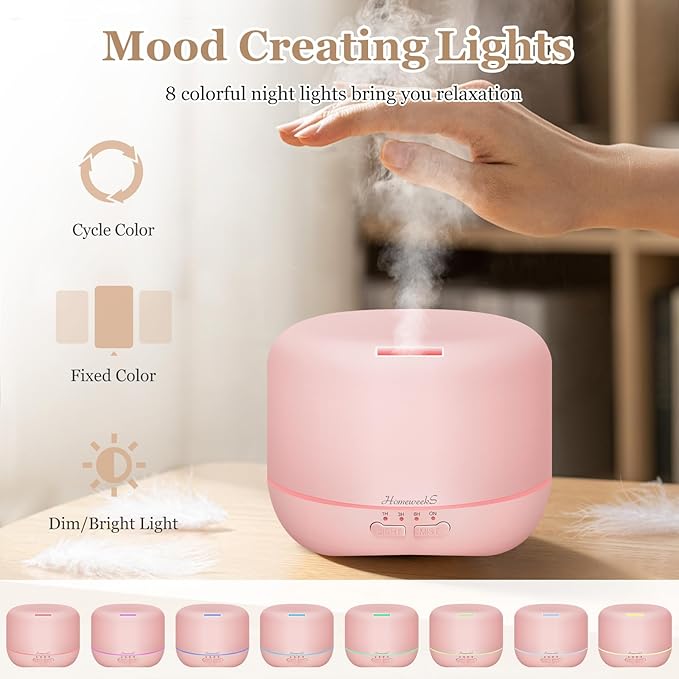 Aromatherapy Essential Oil Diffuser for Room: 500ml Colorful Aroma Air Humidifier with Adjustable Cool Mist Mode, Waterless Auto Off Ultrasonic Diffusers for Large Room Home Office(Pink) - Image 5