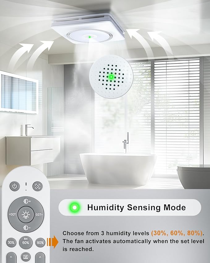 GROWNEER Powerful Oversize Bathroom Exhaust Fan with Light, 40W Bathroom Fan with Humidity Sensor, 110/160 CFM 1.0 Sone Exhaust Fan with Heater, 1800W Heating, 1500lm 2700K/4000K/5000K & Nightlight - Image 2