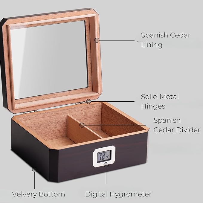 Woodronic Cigar Humidor for 50 Counts with Digital Hygrometer, Spanish Cedar Lined & Divider, Crystal Gel Humidifier, Humidor Solution, Cigar Cutter and Ashtray, Desktop Case Gift for Fathers - Image 2