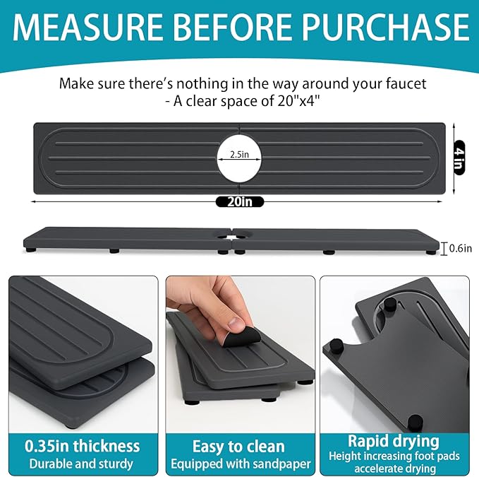 Fast Drying Stone Faucet Mat for Kitchen Sink with Raised Feet, Water Absorbent Diatomite Stone Sink Tray, Faucet Sink Splash Guard, Prevents Moisture Buildup, Durable Protector for Bathroom Counter - Image 4