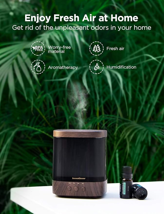 InnoGear Diffusers for Essential Oils, 300ml Oil Diffuser Aromatherapy Diffusers Aroma Ultrasonic Cool Mist Humidifier 4 Timers Color Changing Lights Auto-Off, Brown - Image 8