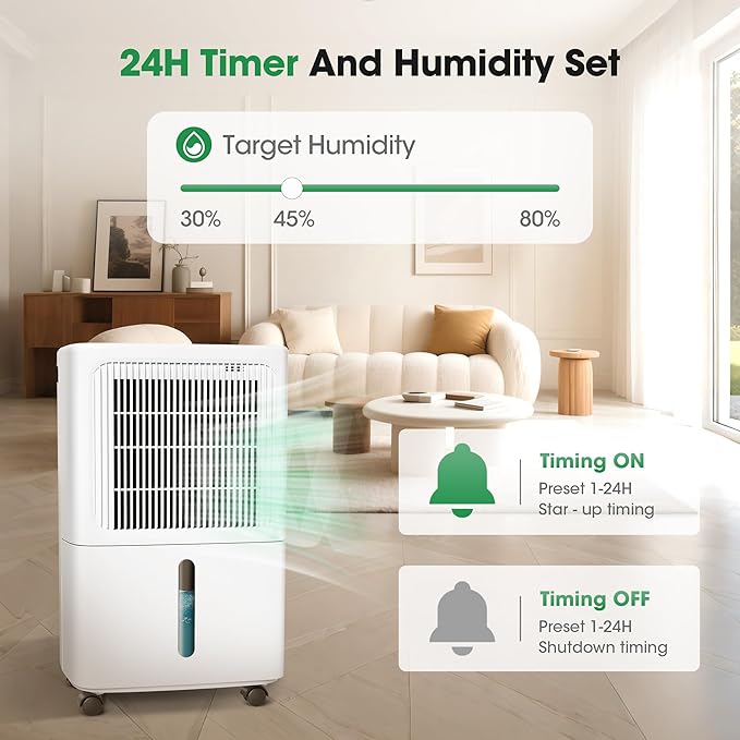 Dehumidifiers for Home with Drain Hose,55 OZ Water Tank, 2500 Sq.Ft 35 Pints Dehumidifiers for Basement, Bathroom, Bedroom, Three Modes, Smart Humidity Control, Dry Clothes, 24H Timer, White - Image 8