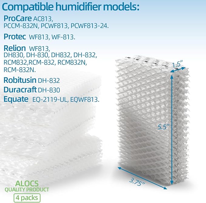 Alocs WF813 Humidifier Filter Replacement for Relion - RCM832 RCM-832N Procare PCWF813 Protec WF813 Equate EQ-2119-UL EQWF813 Cool Mist Humidifiers Wick Filters (Pack of 4) - Image 5