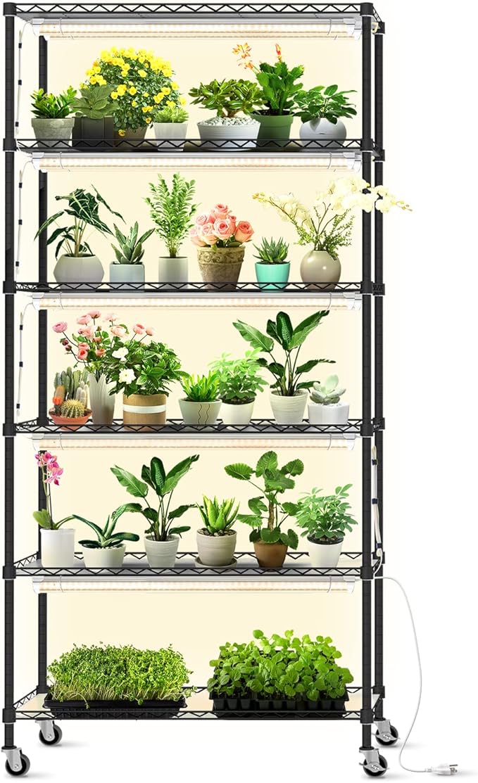 Bstrip DIY Plant Shelf with Grow Light, Grow Light Shelf with Adjustable Rack and Wheels, Plant Stand, 8-Pack 192W T8 Full Spectrum Lamps, ideal for Seed Starting, Seed Tray, 29.5"L x 13.8"W x70.9"H by Bstrip