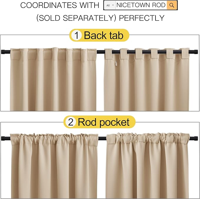 NICETOWN Window Treatment Blackout Window Blinds - (Biscotti Beige Color) 52x72 Inch, 1 Pair, Back Tab/Rod Pocket Blackout Draperies for Bedroom - Image 3