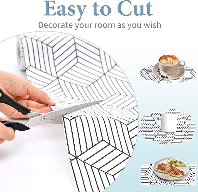 Shelf Liners for Kitchen Cabinets 12in x 30FT, Non Adhesive Cabinet Liner Strong Non-Slip Thickened Black White Geometric Drawer Liner, Easy to Clean for Shelf, Cabinet with Knife and Tape Measure - Image 7