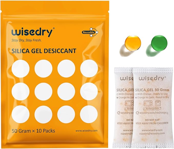 wisedry 50 Gram [10 Packs] Silica Gel Packets Microwave Fast Reactivate Desiccan Packs with Indicating Beads by wisedry