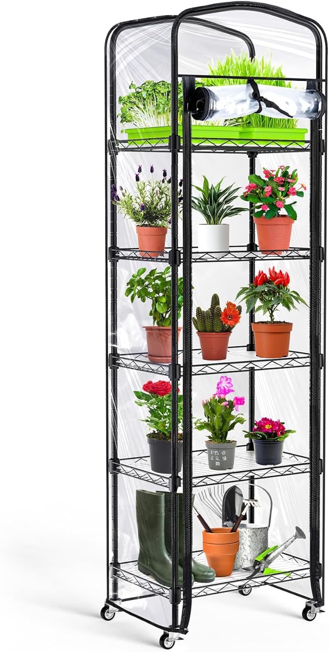 Abimars 5-Tier Mini Greenhouse with Caster Wheels, Each Shelf Height Adjustable Metal Plant Shelf with PVC Cover for Seed Starting Trays, Seedling Pots, Plant Pots, 11x16x57inch by Abimars
