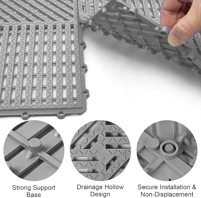 MYFAMIREA Modular Interlocking Cushion 12 Pack 11.8" x 11.8" Rubber Floor Tiles Non-Slip Splicing Drainage Mats for Deck, Pool, Shower, Patio, Balcony, Bathroom, Kitchen, Yard (Diagonal, Gray) - Image 4