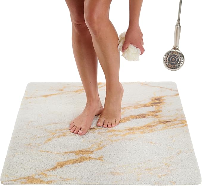 Square Shower Mat - Non Slip Shower Mats for Inside Shower - Extra Large 31x31 Shower Floor Mat Non Slip - Square Bath Mat for Shower - Secure Anti Slip Loofah Shower Bath Mat (31x31 Marble Gold) by ENKOSI