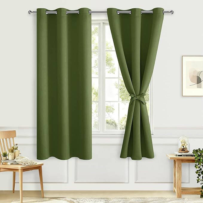 Hiasan Room Darkening Curtains for Bedroom, Noise Reducing, Energy Saving Blackout Window Curtain Panels, Sewn with Tiebacks, Set of 2, Grommet Top(Olive Green, Width 42 Inch x Length 72 Inch) by Hiasan