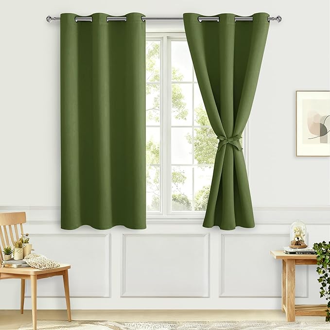 Hiasan Blackout Curtains for Bedroom - Light Blocking & Noise Reducing Window Curtains for Living Room, 2 Drape Panels Sewn with Tiebacks, Olive Green, 38 x 54 Inch by Hiasan