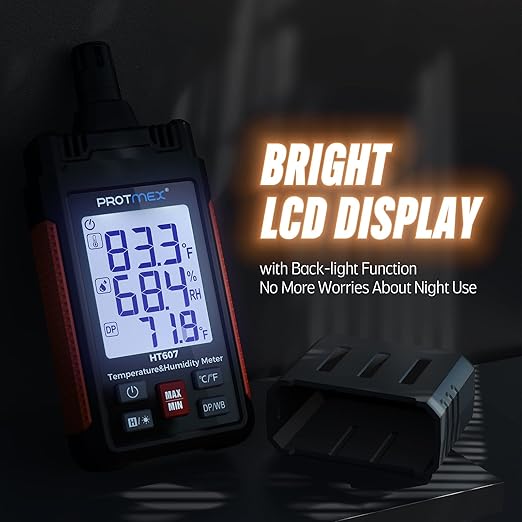 Protmex HT607 Temperature Humidity Meter High Precision Digital Hygrometer with Ambient, Relative Humidity, Dew Point, Wet Bulb Thermometer, Min/Max Hold, LCD Backlight with Cover Protector - Image 5