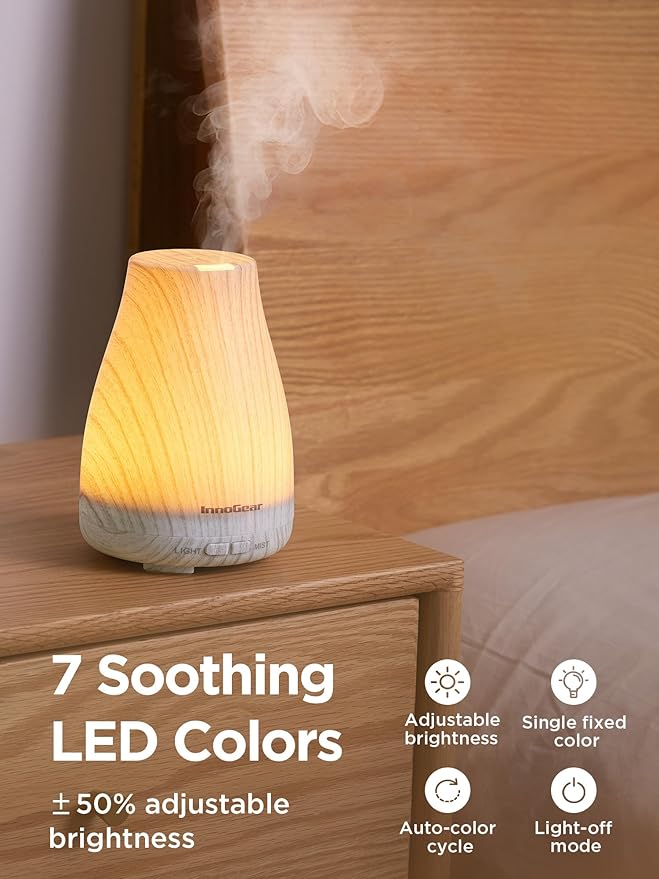 InnoGear Essential Oil Diffuser, Ultrasonic Diffusers for Home Aromatherapy Humidifier for Bedroom Room 7 Colors LED 2 Mist Mode Auto Off, White Grey - Image 6