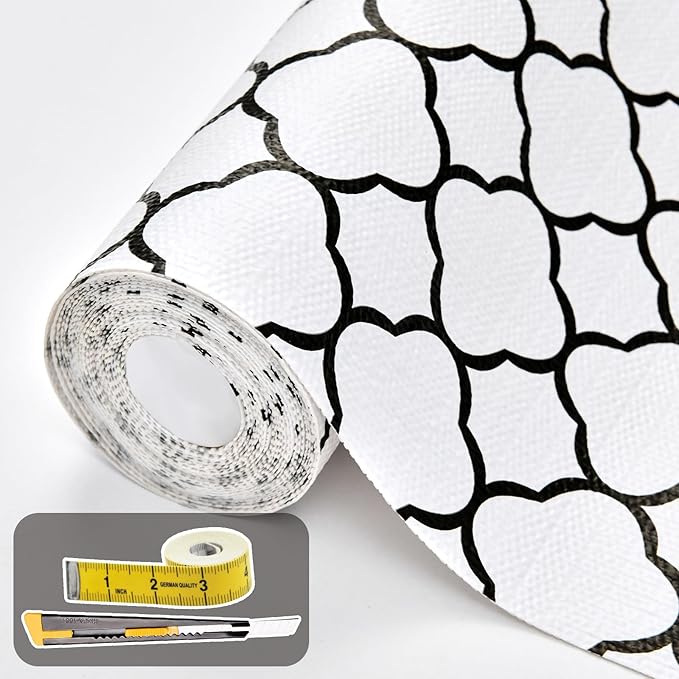 Shelf Drawer Liners for Kitchen Cabinets 11.8 x 118 Inches Non Adhesive Drawer Liner Thickened Refrigerator Liner Black Quatrefoil Strong Non-Slip Paper for Tool Box with Knife and Tape Measure by Kimhan