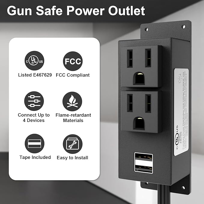 Gun Safe Power Outlet Kit- Multi Electrical Outlet Kit for Gun Safe Accessory Charging, with 2 Outlets & 2 USB Slots for Dehumidifiers Lights, 6.9FT Power Cable, Tape Included, UL Listed - Image 3