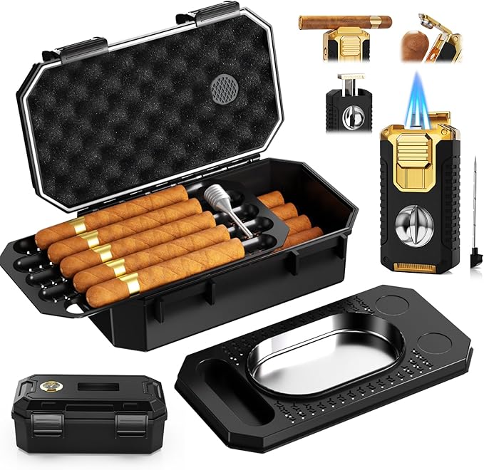 Travel Cigar Humidor Box set with Cigar Ashtray, Cigar Torch Lighter, Built-in V Cutter & Punch & Holder & Draw Enhancer Tool, Humidifier & Hygrometer, Portable Travel Cigar Case, Cigar Gifts for Men by Kirenp