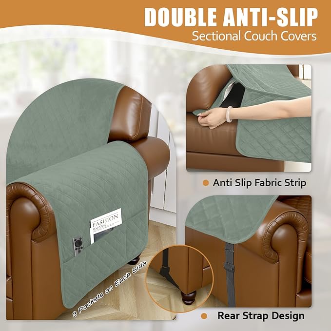 Arfntevss Waterproof Sectional Couch Covers L Shape Washable Velvet Sofa Cover for Sectional Non Slip Large Corner Slipcovers Dog 6 Pcs Universal U Shaped Furniture Protector (Sage Green, X-Large) - Image 4