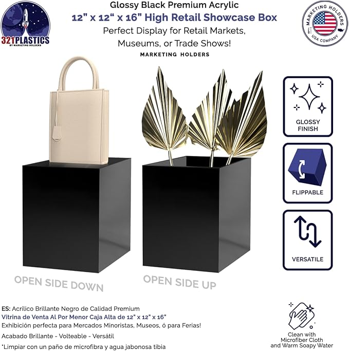 12" x 12" x 16" Glossy Black Acrylic Display Box with One Open Side No Lid Versatile Tall Retail Product Riser or Merchandise Storage Bin by Marketing Holders - Image 3