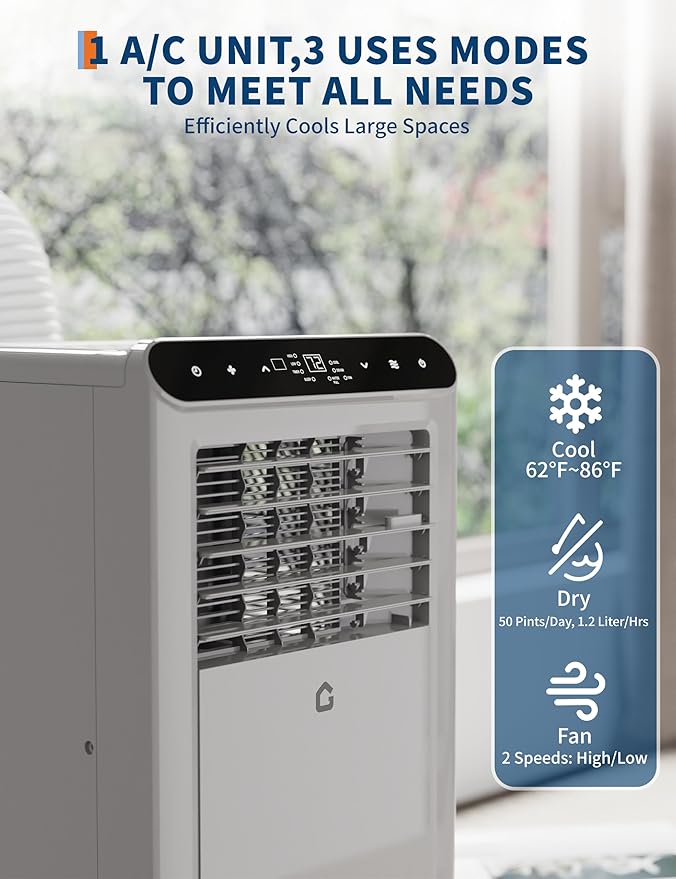 GarveeHome 8,000 BTU Portable Air Conditioners with Dehumidifier & Fan, Standing Air Conditioner Cools Up to 350 Sq.Ft., Smart Mode, Remote, Auto Swing, 24H Timer, Include Installation Kits, Grey - Image 2