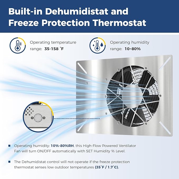 ALORAIR 540 CFM Stainless Steel Crawl Space Vent Fan - Air Out Ventilation Fan with Humidistat Dehumidistat, IP55 Rated Exhaust Fan with Isolation Mesh for Crawlspace Foundation Basements Garage Attic - Image 4