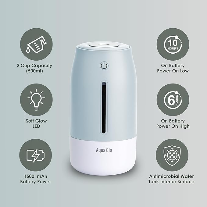 Aqua Glo Personal Humidifier – Ultrasonic Cool Mist, Rechargeable Battery for 15 Hours Use, 2-Cup Water Tank, Quiet Operation. Ideal for Travel, Office, Bedroom, Plants, and Home. Blue Mist - Image 5