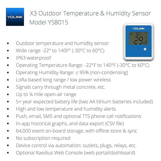 YoLink X3 Outdoor Temperature and Humidity Sensor with Data Logger, Thermometer, 1/4 Mile Range, 5+ Years Battery Life, Emails, Text, App Alerts, Alexa, IFTTT. Hub Required! - Image 2