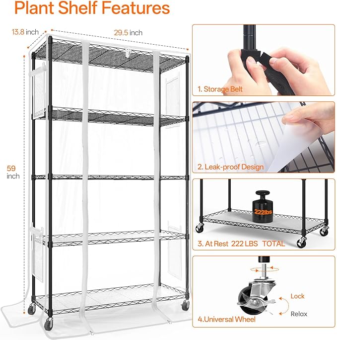 Bstrip Indoor Greenhouse with Grow Light, Mini Green House with 4 Pack 24W Full Spectrum Plant Lights with Timer, Plant Shelf with Tent for Indoor Plant, Seed Starting, Seed Tray, 35.4"x13.8"x59" - Image 2