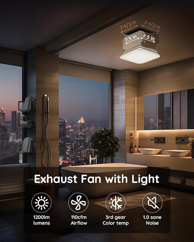 Fitop Bathroom Exhaust Fan with Light, 110 CFM 43W 1200LM Ceiling Mount Shower Ventilation Exhaust with Light, 1.0 Sones Bathroom Vent with Light, Bathroom Fan LED Light 3000K/4000K/5000K - Image 3