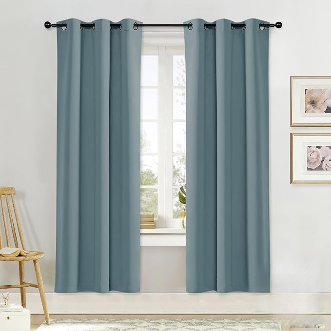 NICETOWN Black Out Curtain Panel Shade, Single Piece, 34 inches Wide by 72 inches Long, Greyish Blue, Solid Energy Efficient Eyelet Top Window Blind for Guest Room by NICETOWN
