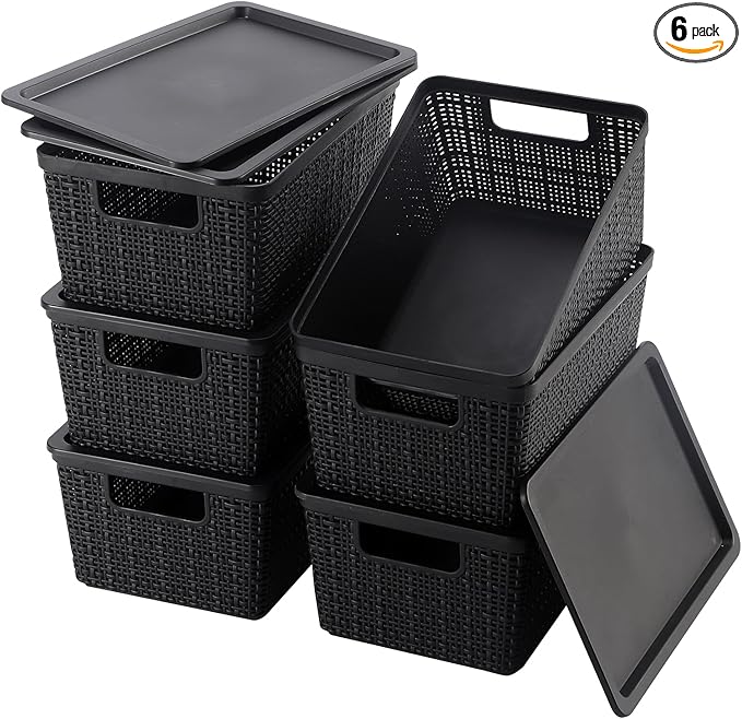 6 Pack Plastic Storage Baskets With Lids,Black Breathable Stackable Storage Bins,Small Storage Containers,for Organizing Storage Baskets on Desktops,Closets,Playrooms,Classrooms,Offices by WRRLORS