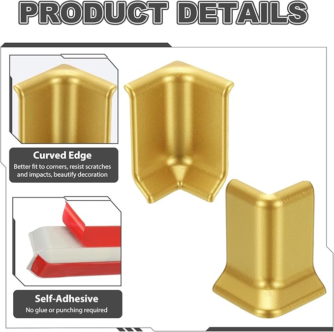 uxcell Self Adhesive Baseboard Corner Blocks, 2.2 Inch Wall Edge Corner Protector 3 Inside + 3 Outside Corners-Connector for Wall Floor Furniture Edge(Gold) - Image 4
