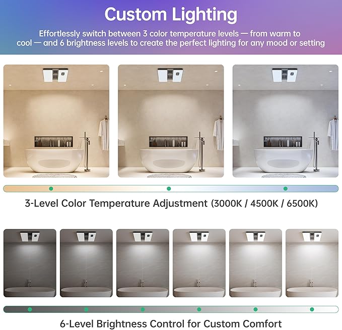 Bathroom Exhaust Fan with Heater, Light, Bluetooth Speaker, Odor & Humidity Sensors, 230 CFM Quiet Ceiling Fan with 3 Dynamic RGB Lighting, 3CCT - Remote App Control - Compatible with Alexa - Image 8