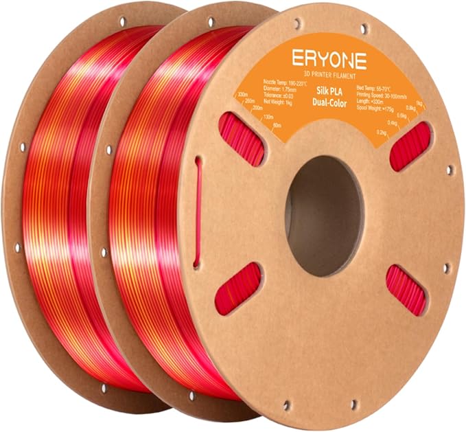 ERYONE Silk Dual Color PLA Filament 3D Printer 1.75mm +/- 0.03mm, Bicolor Filament Two Tone PLA Bundle 2KG Cardboard Spool, Red Gold by ERYONE