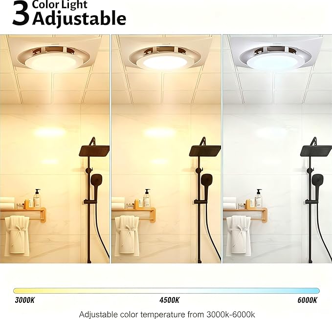 Bathroom Exhaust Fan with Light, 3000K/4500K/6000K Selectable, 110 CFM 1.0 Sones Bathroom Ventilation Fan, 8inch Exhaust Fans For Ceiling Mount with Efficient Air Circulation, Odor Elimination - Image 3