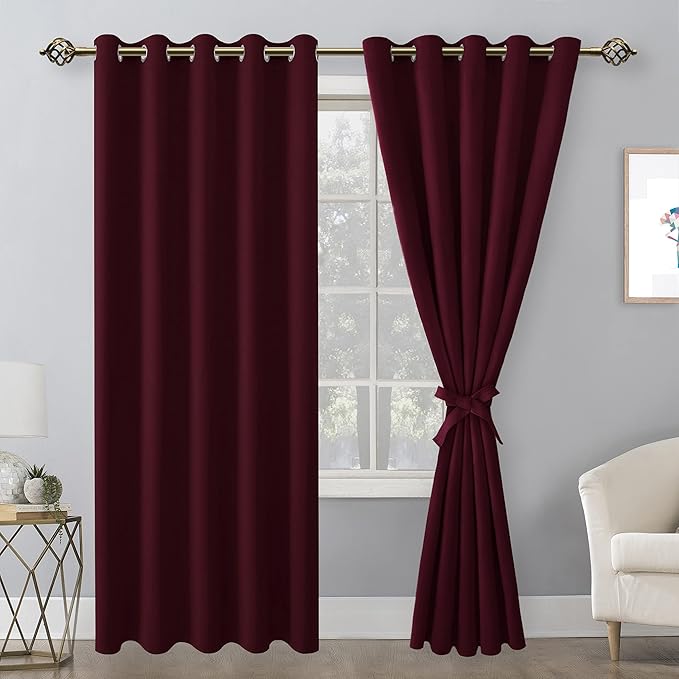 Hiasan Blackout Curtains for Bedroom, 60 x 84 Inches Long - Thermal Insulated & Light Blocking Window Curtains for Living Room Christmas Decor, 2 Drape Panels Sewn with Tiebacks, Burgundy - Image 2