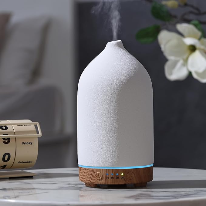200ML Ceramic Essential Oil Diffuser - Ultrasonic Aromatherapy & Humidifier with 7-Color LED Lights, Auto Shut-Off, Wood Grain Base, 1H/3H/6H Timer | Scent for Home, Office, Yoga by Gooamp