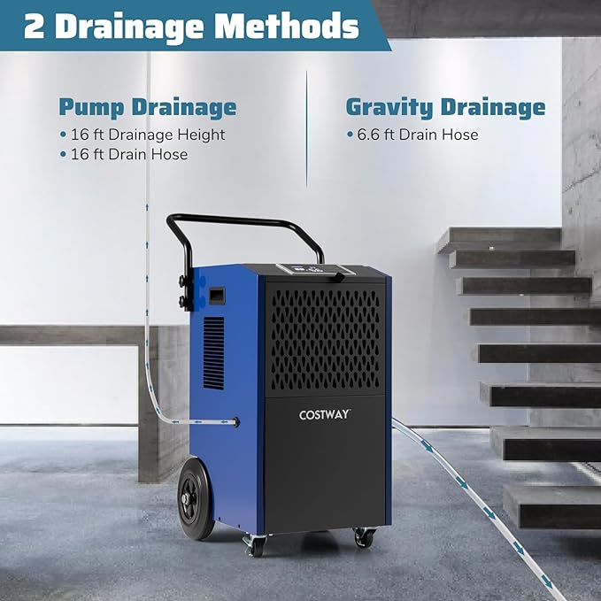 COSTWAY 154 Pints Commercial Dehumidifier with Pump, Portable Industrial Heavy Duty Large Dehumidifier with Drain Hoses for Basements, Job Sites (Navy) - Image 7