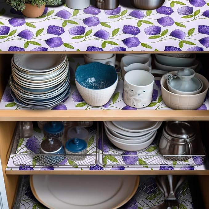 2 Rolls 12" W x 120" L Floral Drawer and Shelf Liner for Cabinets, Non-Adhesive Strong Grip Non-Slip Flower Shelf Cabinet Kitchen Shelf Liners for Kitchen Cabinets - Image 2