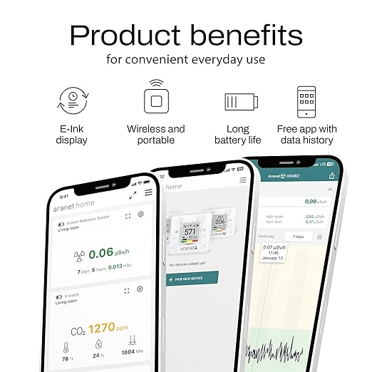 SAF Aranet4 Home: Wireless Indoor Air Quality Monitor for Office or School (CO2, Temperature, Humidity and More) Portable, Battery Powered, E-Ink Screen, App for Configuration & Data History - Image 4