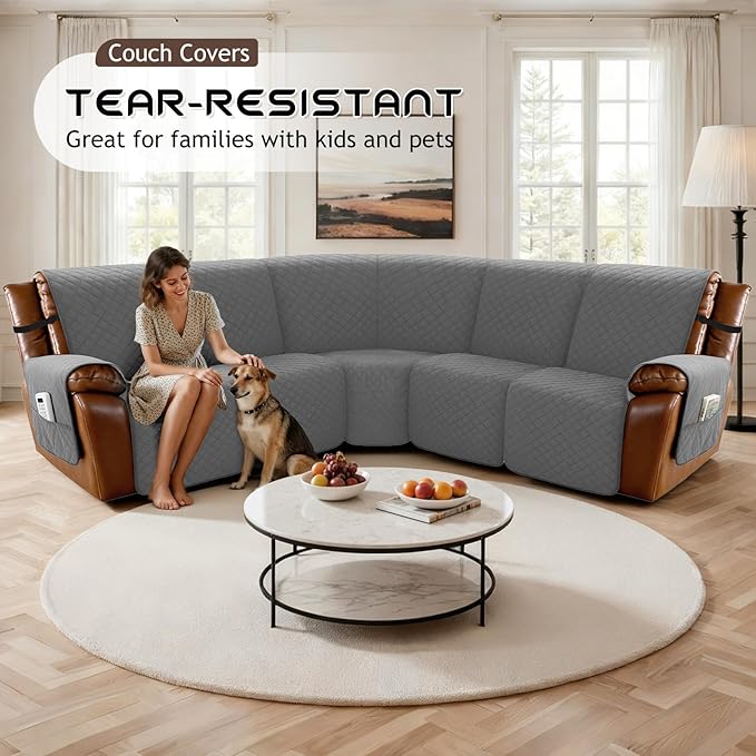 Arfntevss Waterproof Recliner Sectional Couch Covers for Reclining Sectional L Shape Sofa Cover Non Slip Washable Recliner L Shaped Slipcover Sets for Dog Furniture Protector (5 Seater, Dark Gray) - Image 7